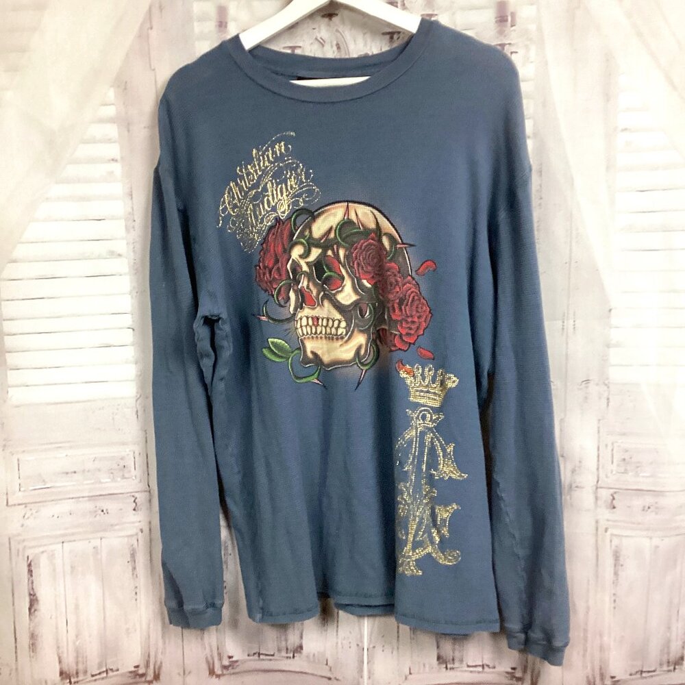 Christian Audigier Shirt Gray Long Sleeve Ribbed Skull Roses L